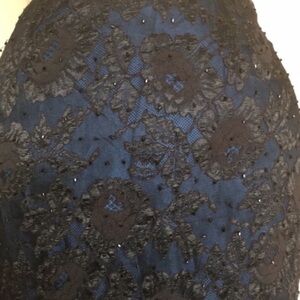 Vintage 1990s DKNY lightweight lace skirt, black beaded lace over blue silk, 4P